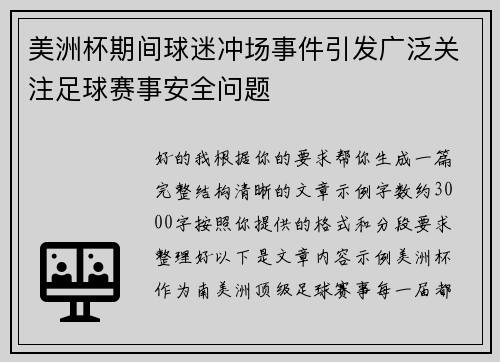 美洲杯期间球迷冲场事件引发广泛关注足球赛事安全问题